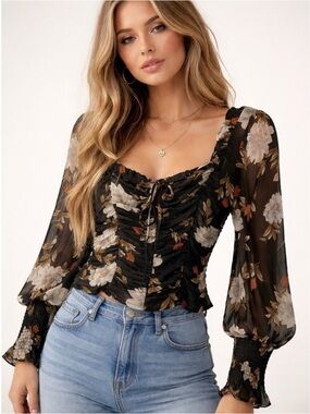 Astr Floral Ruched Square-Neck Blouse - Black with Cream & Brown Floral Small